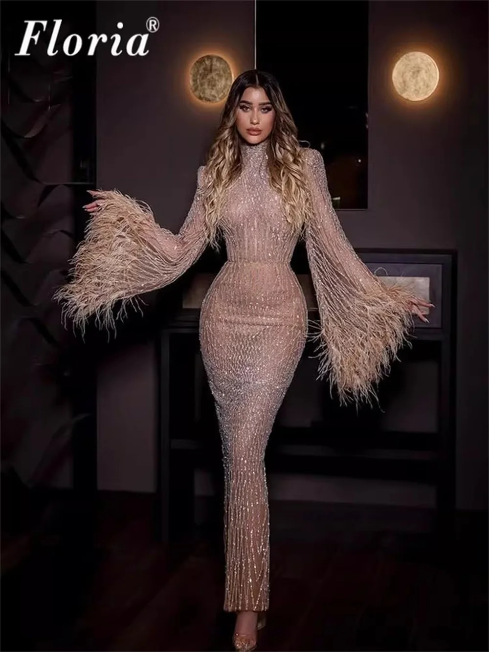 

Арабское платье русалки цвета шампанского для выпускного вечера, элегантное пышное вечернее платье с длинными рукавами и перьями для женщин, вечерние платья по индивидуальному заказу 2026