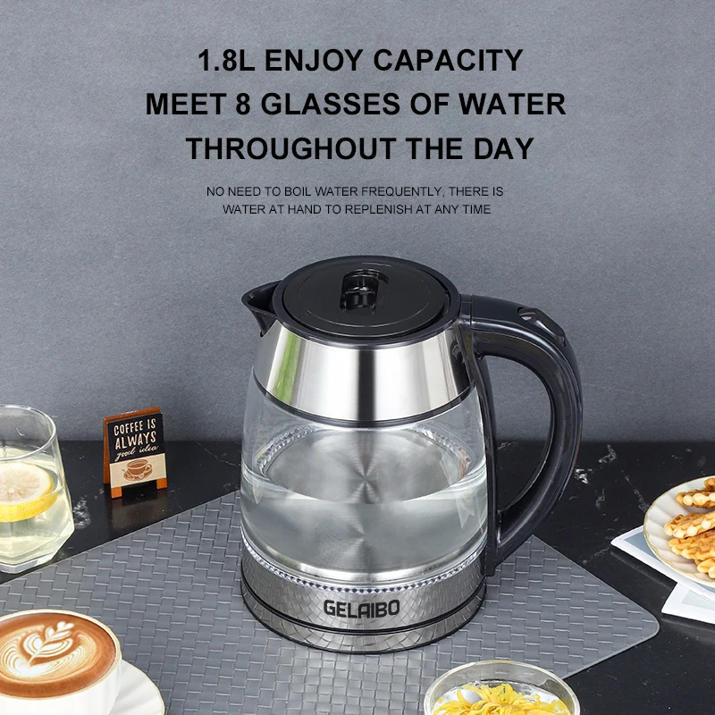 GELAIBO Electric Kettle, Large-Capacity 1.8-Liter Glass Kettle, One-Button Boiling Water, Automatic Shutdown, Anti-Dry Function