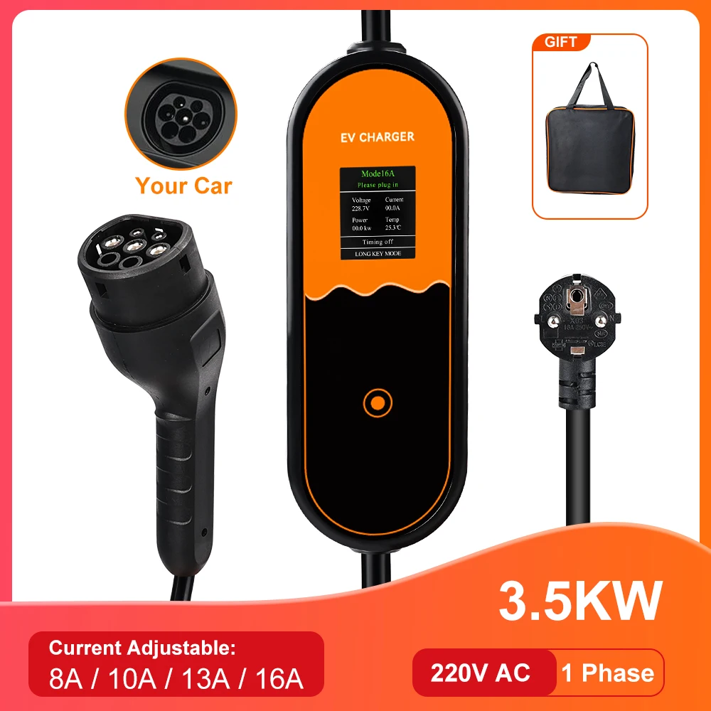 

Portable 16A Type2 EV Charger 3.5KW 1Phase EU Plug EVSE Touch Button Current Adjustable Electric Car Charging Accessories