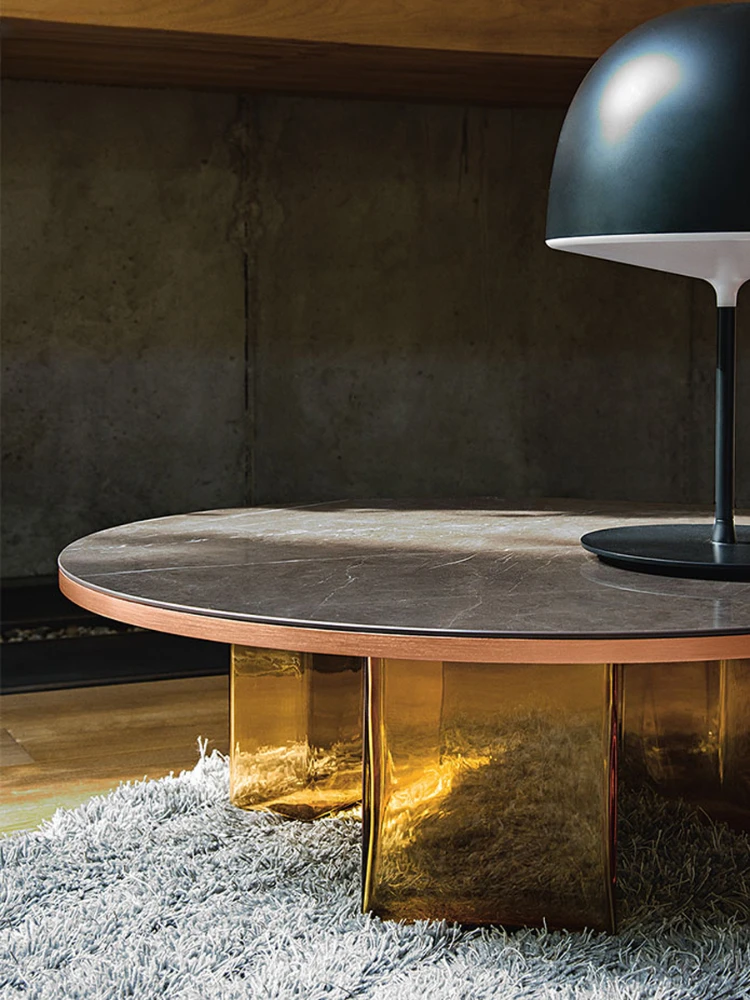 Modern Light Luxury round Glass Tea Table Rose Gold Rectangular Marbling Ice Ice Cube Tea Table