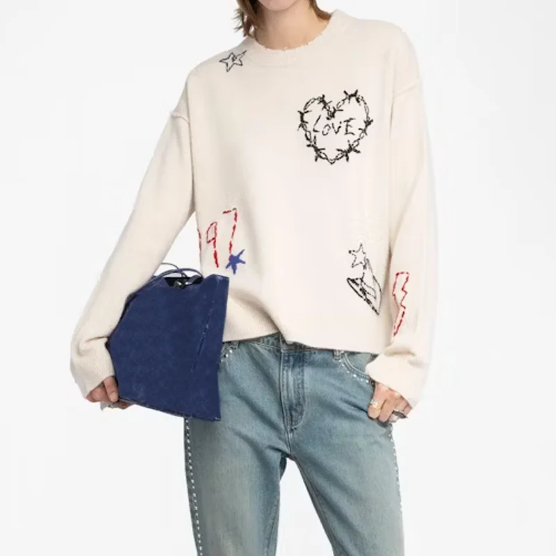 

Female Beige Sweater Letter Embroidery Cashmere Pullover Women Beige Sweaters Casual Long Sleeve Jumper Navy Blue Winter Tops