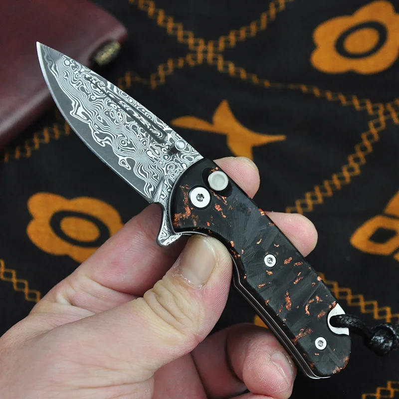 Handmade Damascus Steel Folding Blade Mini Utility Camping Outdoor EDC Tools Pocket Knives Gold Powder Carbon Fiber Handle