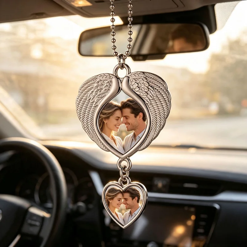 Personalised double-sided photo angel wings heart-shaped car rearview mirror hanging ornament, customised photo memorial pendant