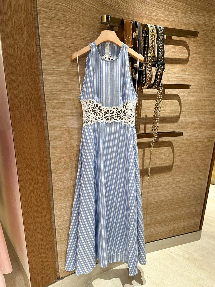 Ele Summer Dr Weste, ausgehöhlte Blumenstickerei, Streifen, hohe Taille, A-Linie, langer Rock ohne Sve, rund, Ne Dr