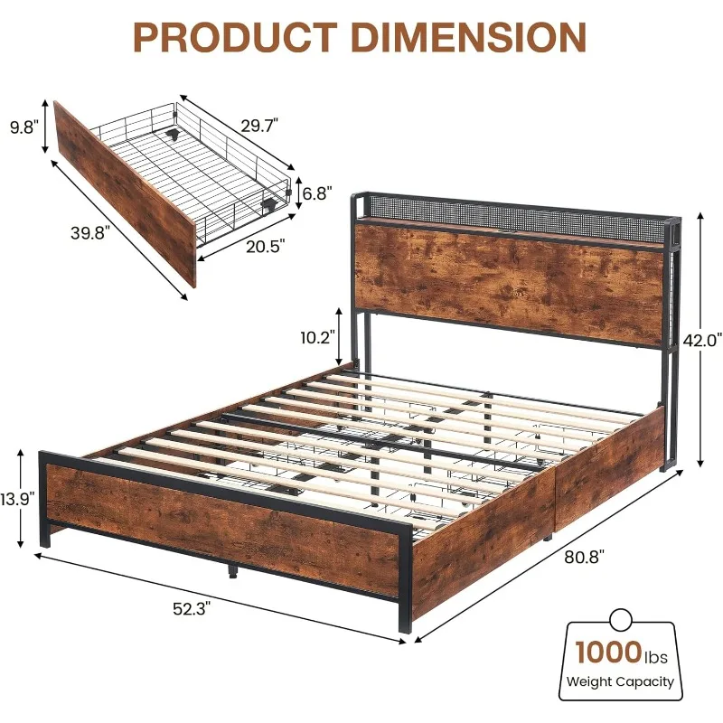 Full LED Bed Frame with Storage Headboard and 4 Drawers, Full Size Platform Bed with Charging Station, Strong Wood Slats Support