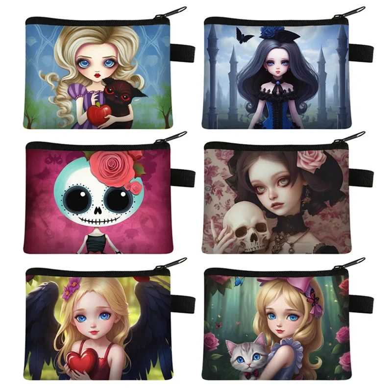 Cartoon Gothic Girl Coin Purses Goth Lolita Skull Girls ID Credit Card Holder Coin Money Bag Mini Pouch Cute Purse Clutch Bags