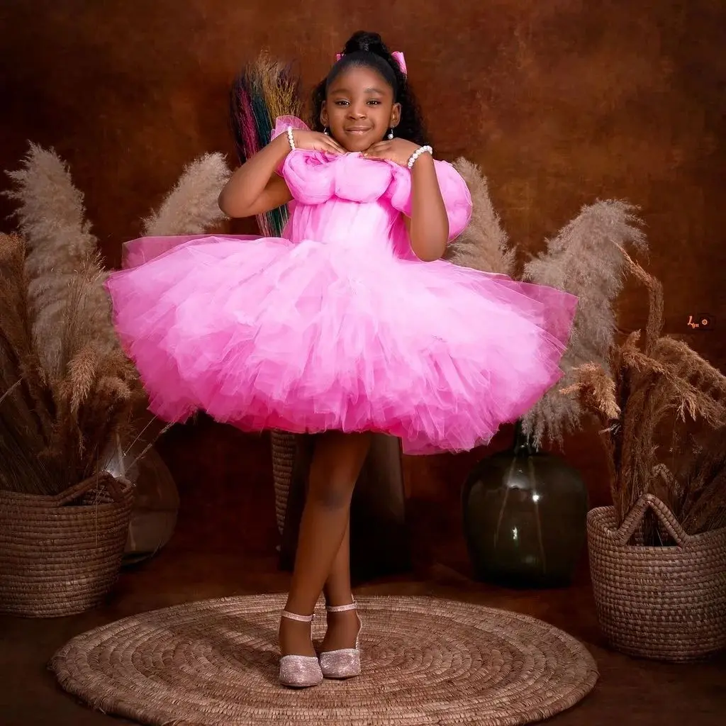 Pink Tulle Ballgown Girls Birthday Party Dress With Train Big Flower Girl Dresses for Wedding Kids Prom Gown Customized