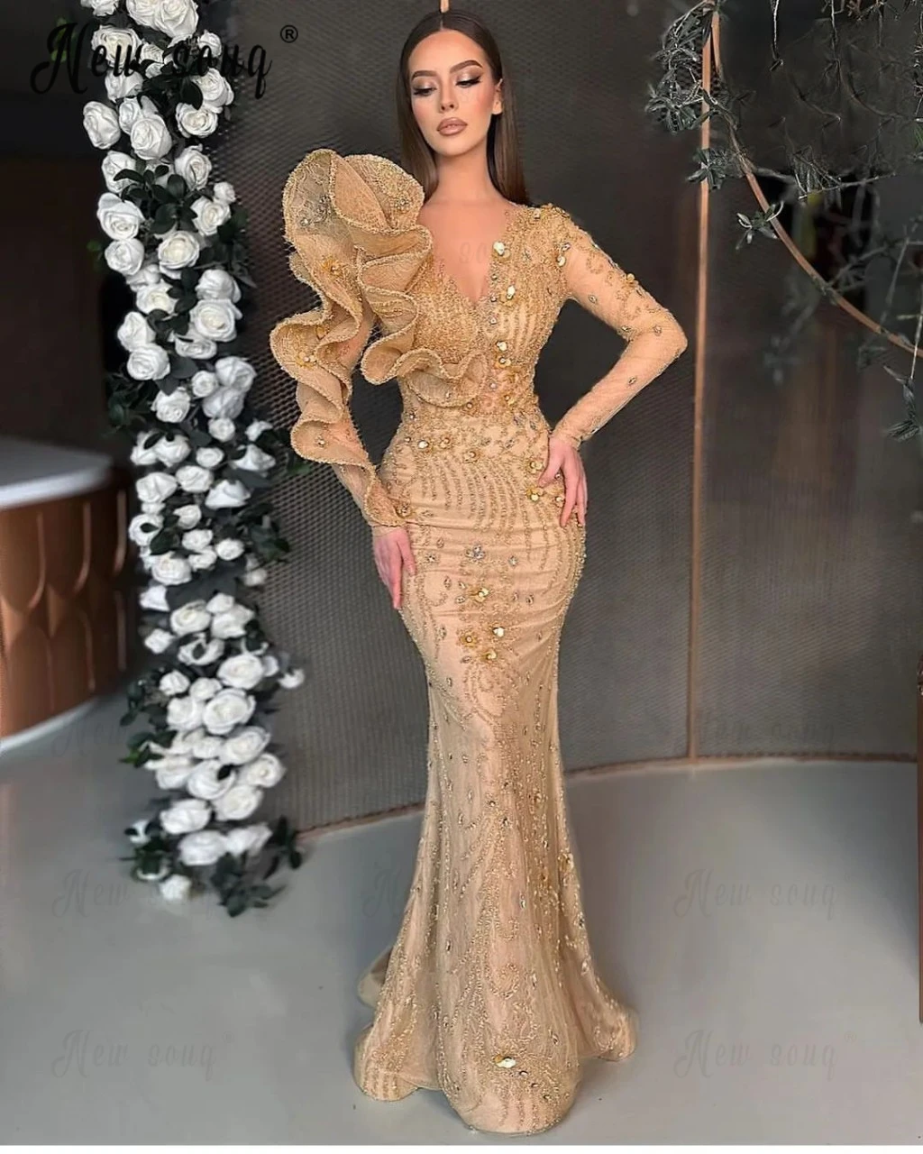 Elegant Gold Ruffles Long Sleeve Evening Dress 2024 Crystals Beaded Long Mermaid For Women Wedding Party Wear Formal Prom Dress