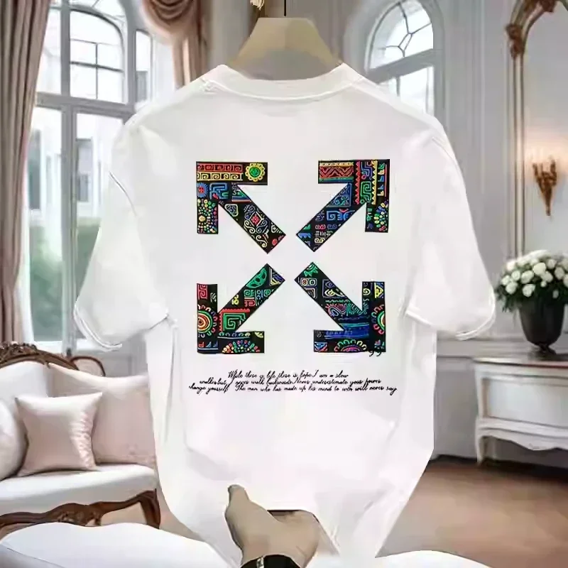 Camiseta con estampado de flechas cuadradas para hombre, Top informal versátil de manga corta, Top holgado y cómodo con cuello redondo, ropa de pareja de calle alta