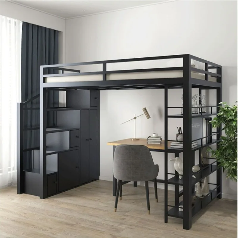 Modern Apartment with Cabinet Loft Bed Simple Wrought Iron Elevated Bed Small Apartment Household Bedroom Space Saving Bed