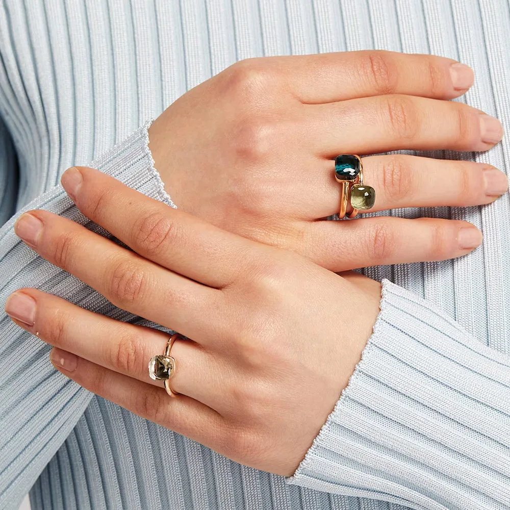 St.delan Minimalistischer Candy-Glas-Kristallring für Damen, bunter Ring mit Kissen-Schliff-Stein, Stapelringe, vergoldet, trendiger Schmuck