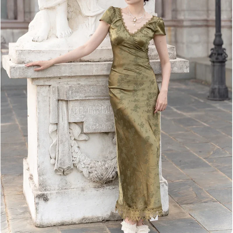 Zielona satynowa seksowna sukienka damska letnia Spaghetti paski sukienki imprezowe z odkrytymi plecami damskie żakardowe dekolt w serek Harsuku odzież