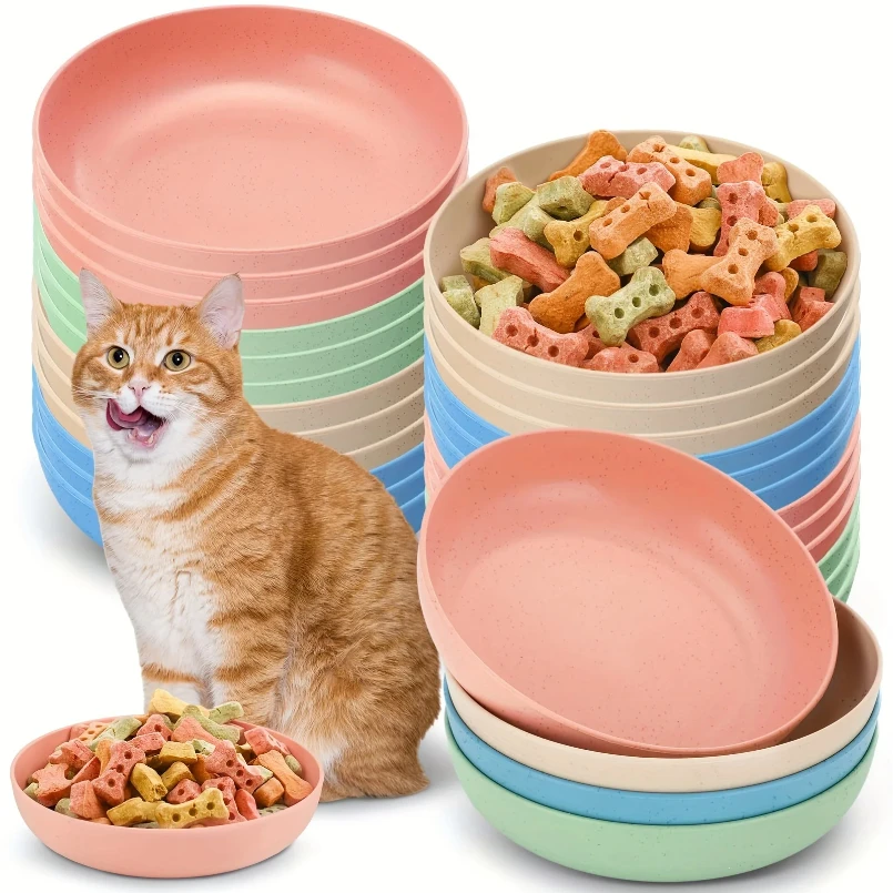 

4pcs Cat Bowls, 13.97 Cm Wide Shallow Pet Food & Water Dishes, Plastic Non-Slip Colorful Feeding Plates For Small Cats, Kittens,
