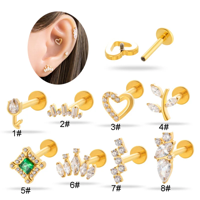 1PC G23 Titanium Heart Cartilage Stud Earring 16G Internally Threaded Flat Back Labret Stud Tragus Helix Piercing Body Jewelry