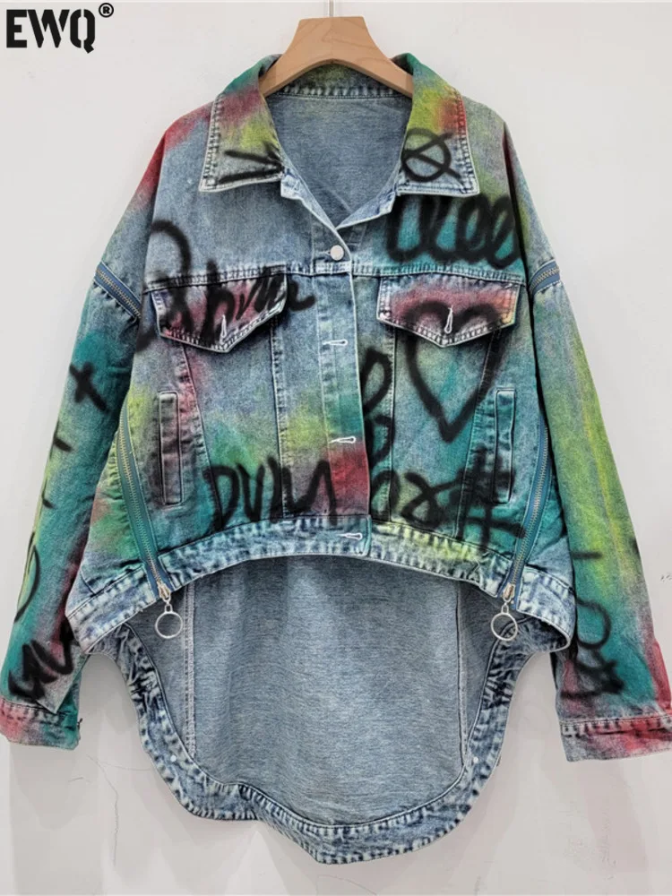 

[EWQ] Vintage Long Sleeved Women's Irregular Denim Jacket Tie-dye Design Y2K Overcoats Jean Hand-Painted Pattern Jacket O1458