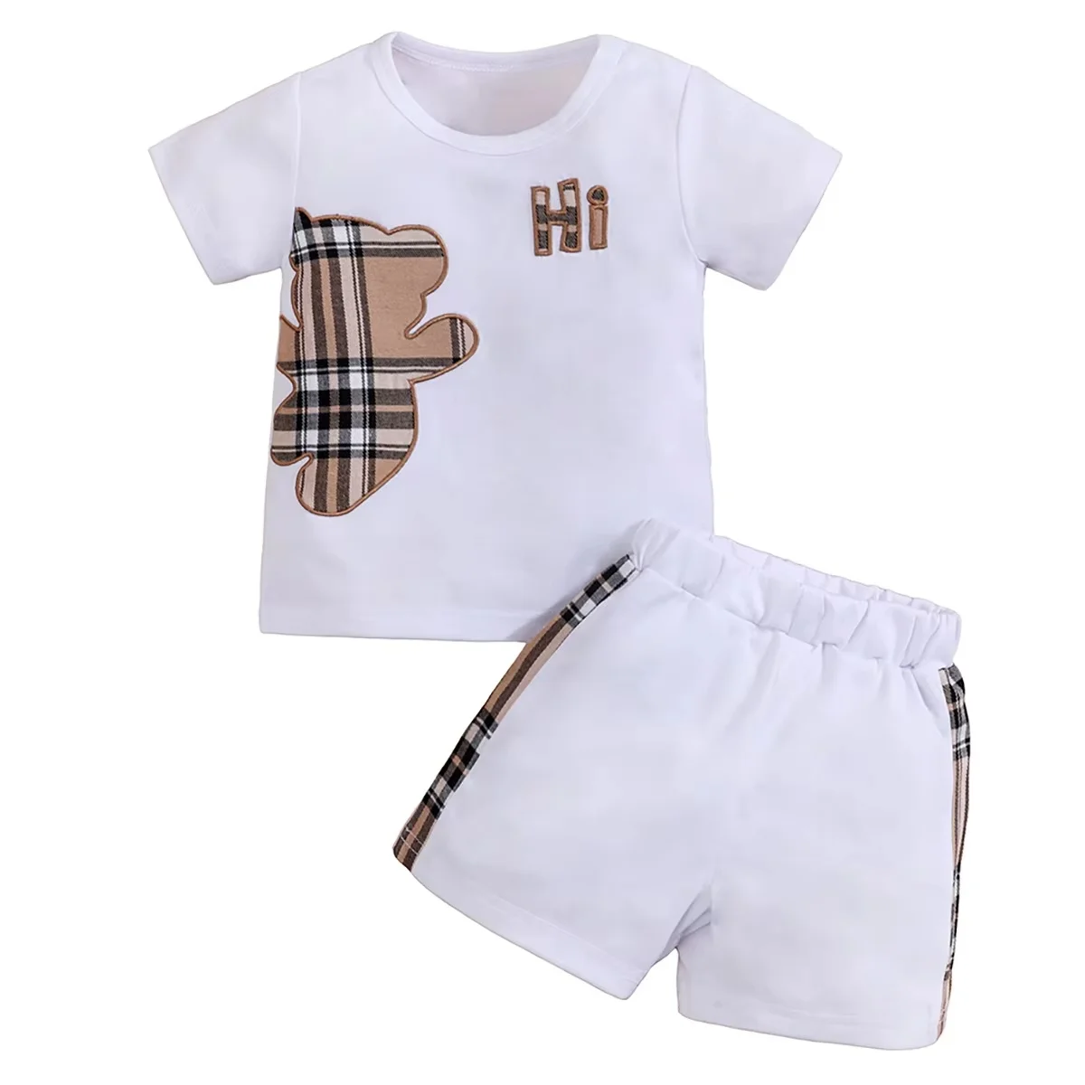 

2pcsClothes Set Short Sleeve TeesShorts Cartoon Checked Bear Print Cute Kids Tops Pants Casual Suits Fashionable Comfortable ﻿