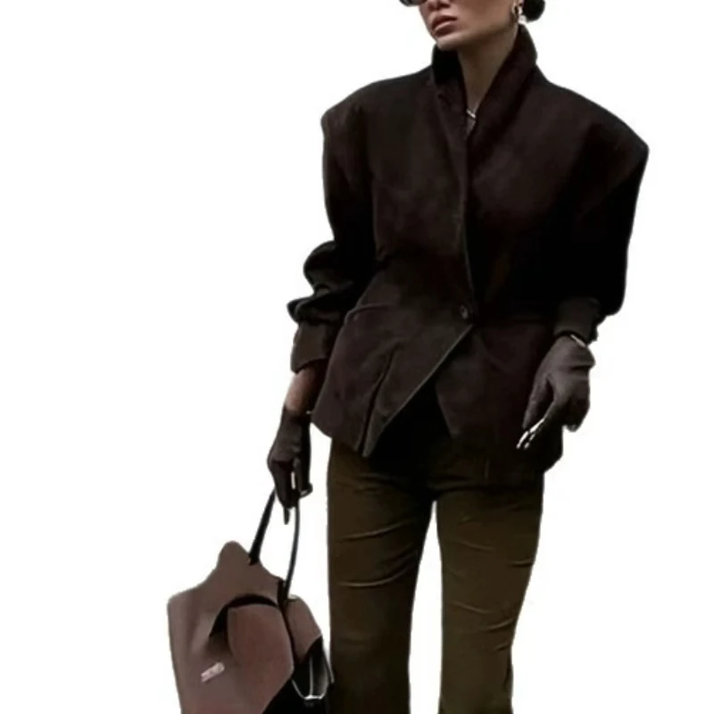 Spring New Cross-border European American Fashion Casual Versatile Retro Style Solid Color One-button Lapel Jacket Is Exquisite