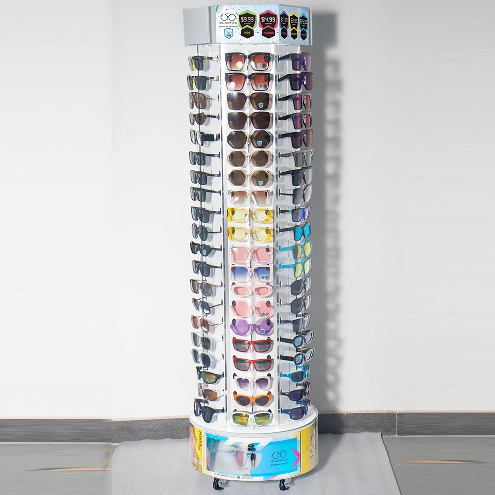 Hold 120 Pairs Glasses Mirrored Drawer Metal+Acrylic Freestanding Rotating Sunglasses Display Stand For Supermarket Retail