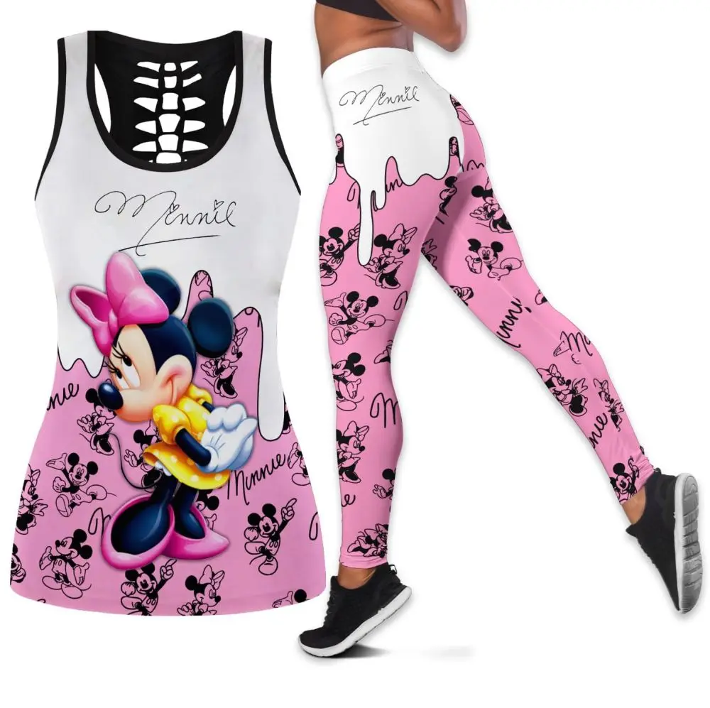 Disney-Mulheres Minnie Mouse Colete e Leggings Oco, Fato de Yoga, Leggings Fitness, Regata Esportiva, Conjunto Legging