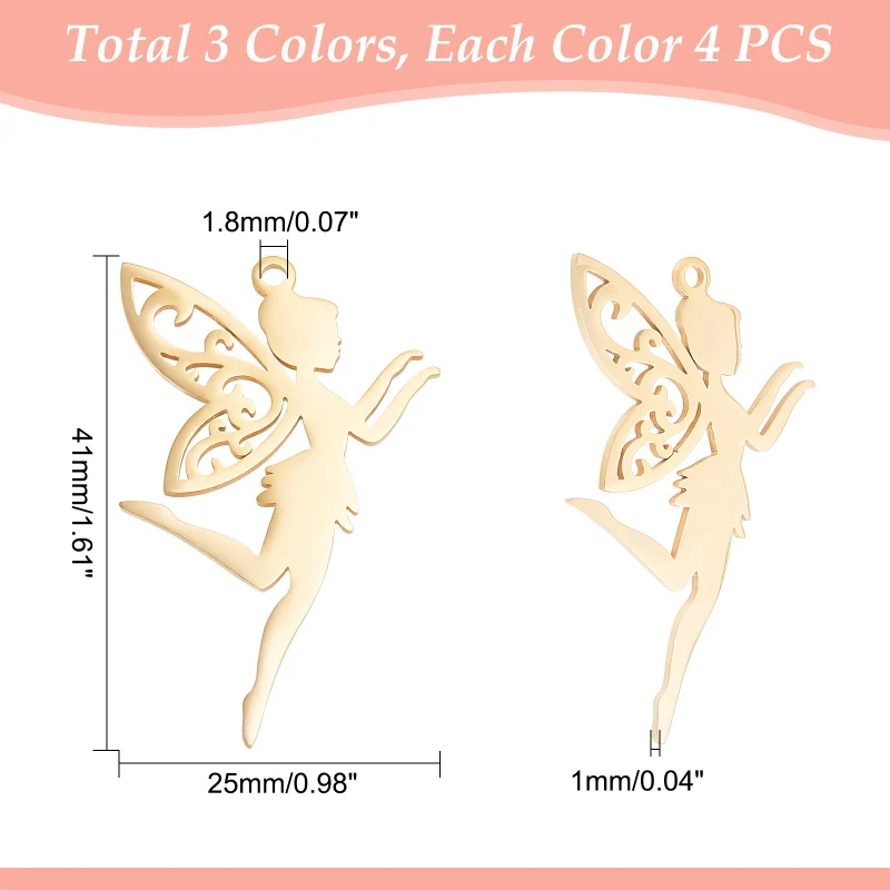 12Pcs 3 Colors Stainless Steel Fairy Pendants Golden Colorful Fairy Angel Charms Pendant with 1.8mm Hole for Earrings Bracelets