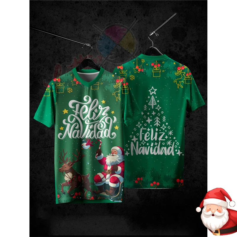 Santa Claus Christmas V Neck T-shirt For Men Merry Christmas 2026 Casual Festival Short Sleeve Children Fashion Tee Top Xmas