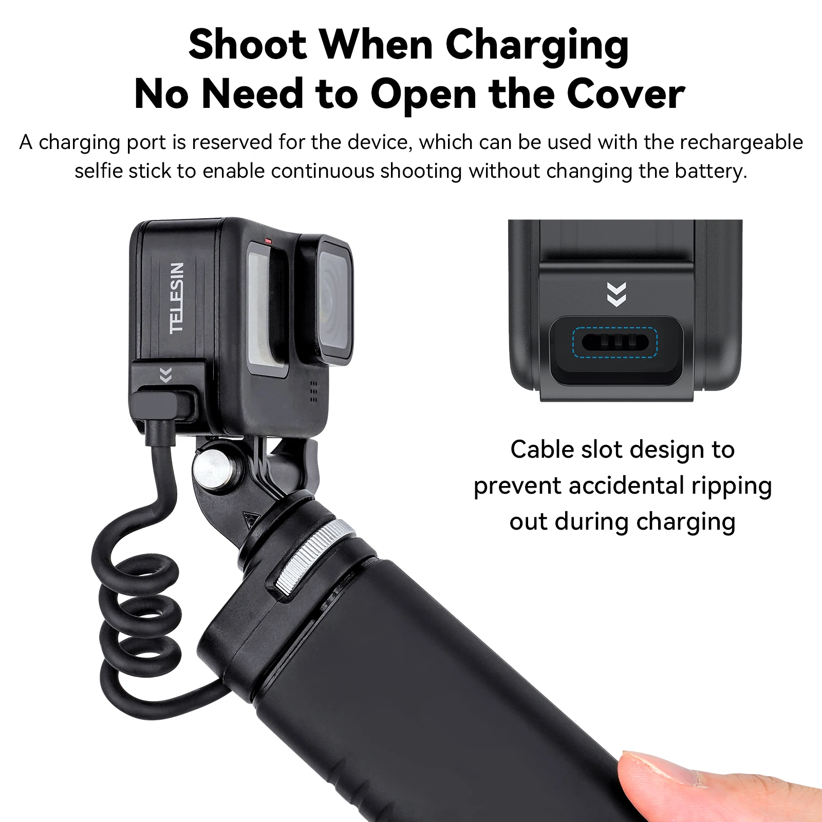 TELESIN Wodoodporna boczna osłona do GoPro Hero 12 11 10 9 Łatwa w demontażu osłona portu ładowania Type-C do Go Pro 9 10 11 12 Bateria