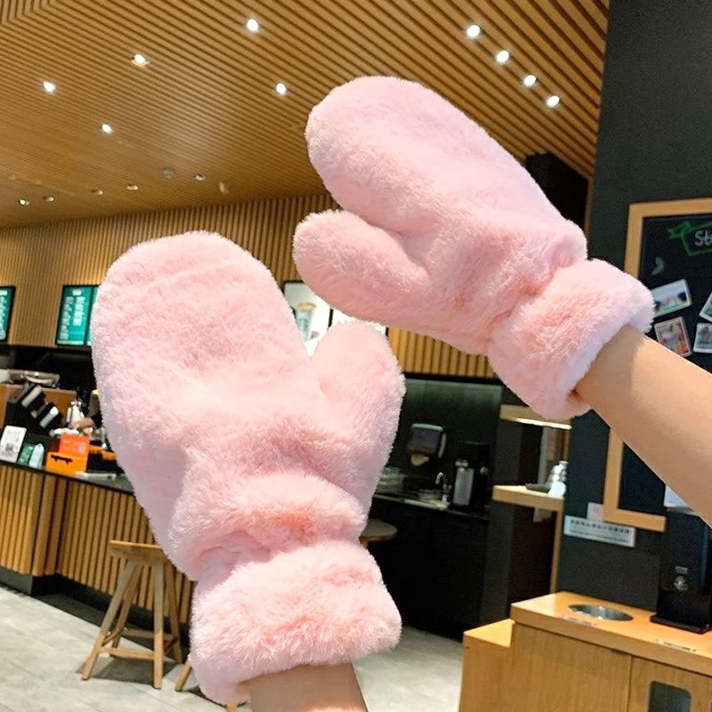 

Soft Plush Winter Thick Warm Fingerless Gloves Girls Korean Japanese Solid Color Glove Outdoor Riding Mittens Christmas Gifts