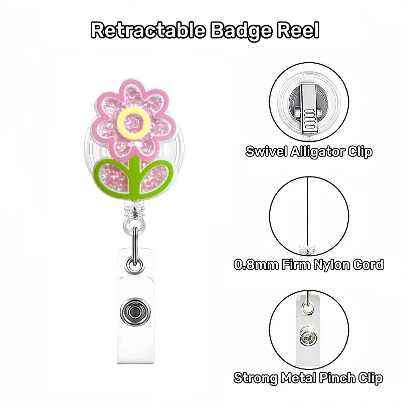 Cute Mini Acrylic Flower Quicksand Rotatable Retractable Badge Reel Alligator Clip Id Card Holder Porte Badge