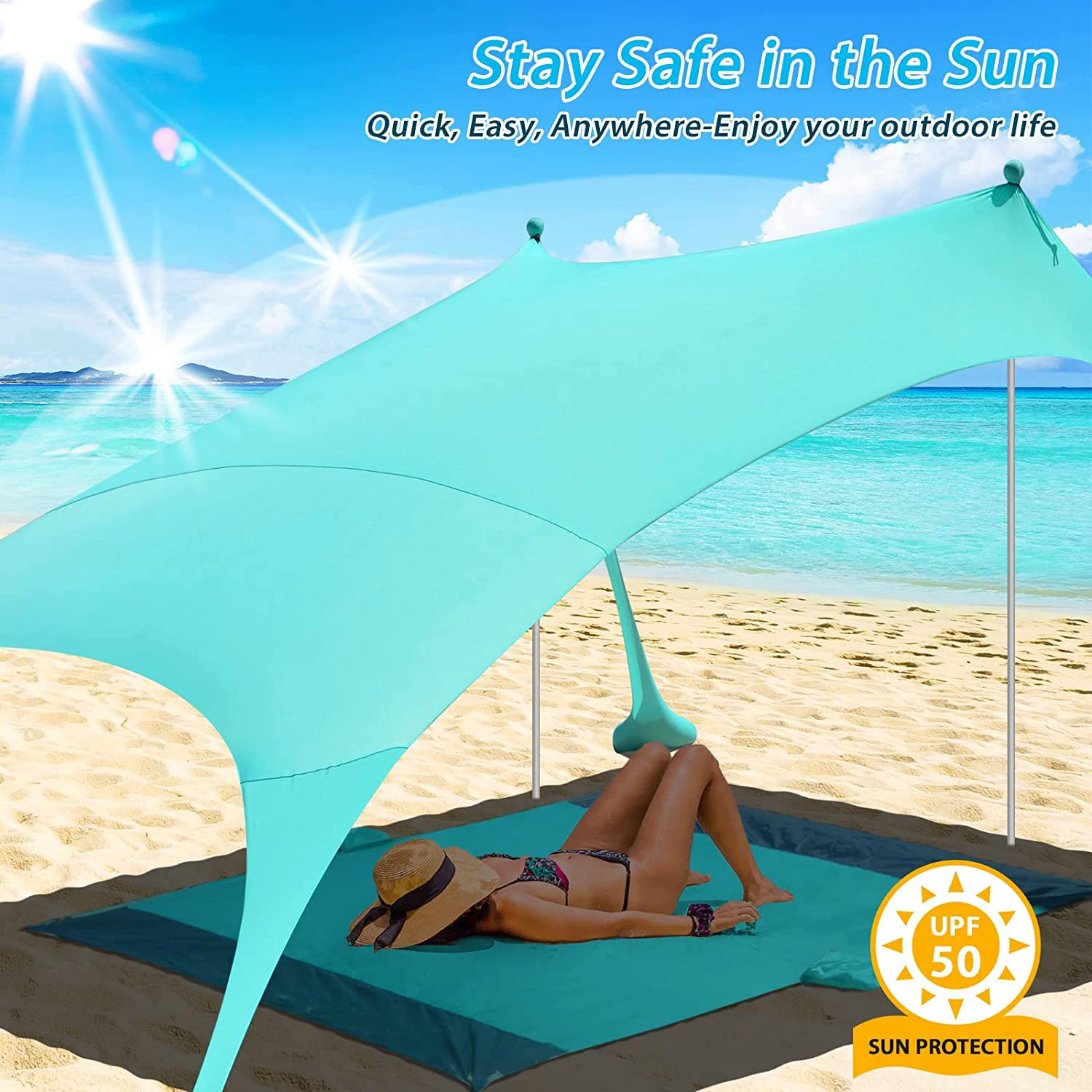 Large Portable Windproof Beach Tent, Pop Up Shade Canopy, Sun Shelter, Family Beach Tent with 2 Aluminum Poles