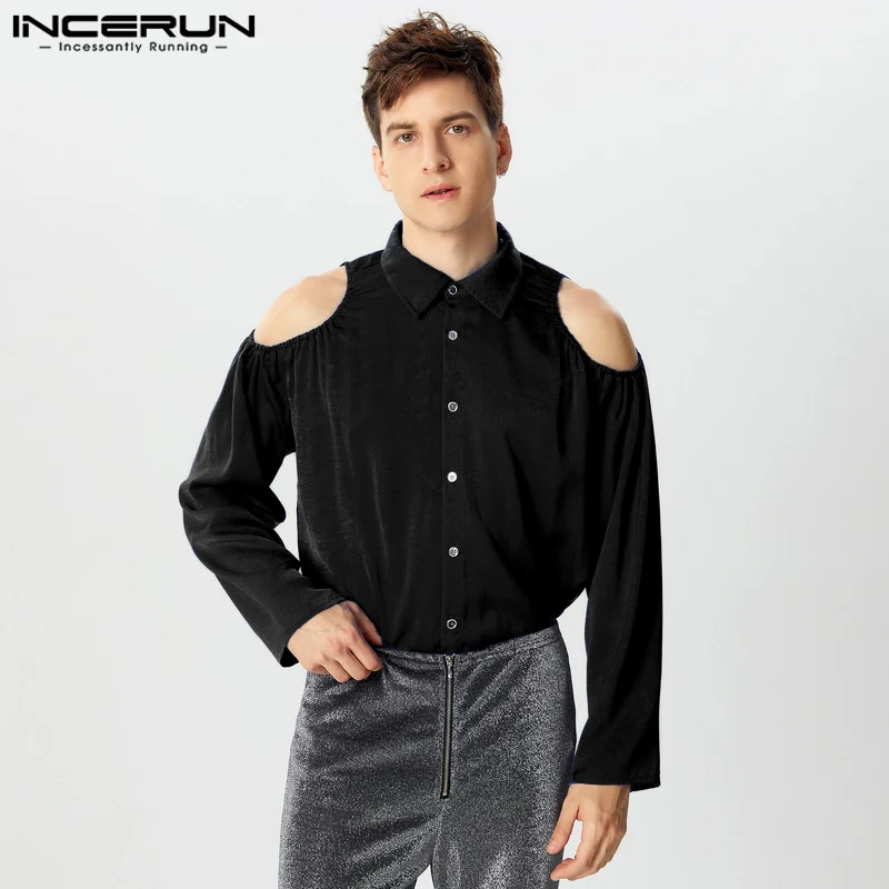 

INCERUN Men Stylish Shirts Lapel Collar Cold Shoulder Cut Out Solid Color Long Sleeve Button Down Blouse Streetwear Party Tops