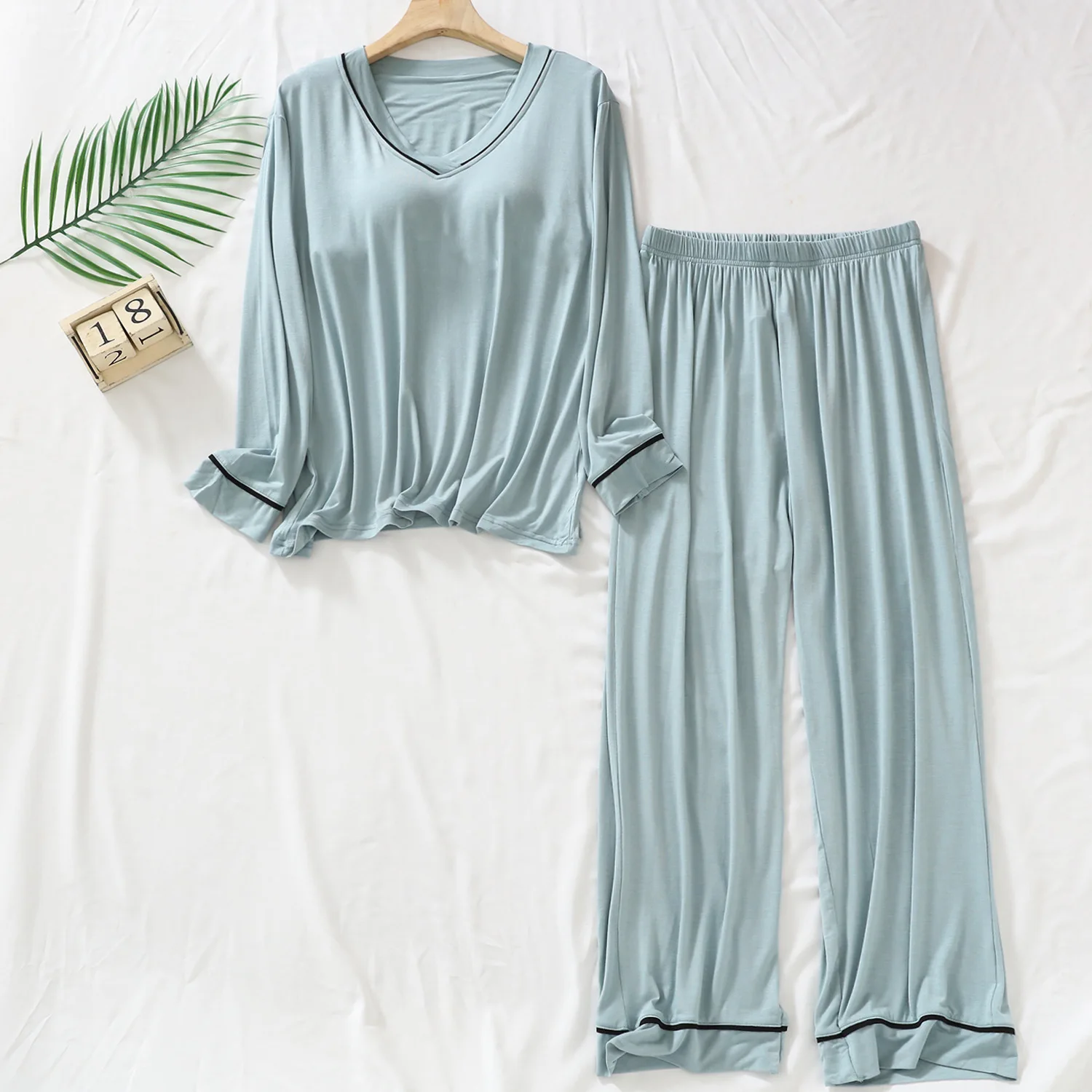 Women's Pajamas For Spring Autumn Morday Leisure Elastic Female Home Sleepwear Sets V-neck Long Sleeves+Pants 2Pcs Nightgown