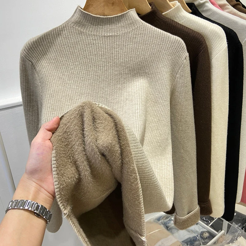 Women Versatile Half High Collar Long Sleeved Sweater Autumn Winter Slim Appear Thin Simplicity Solid Knitted Bottoming Shirt