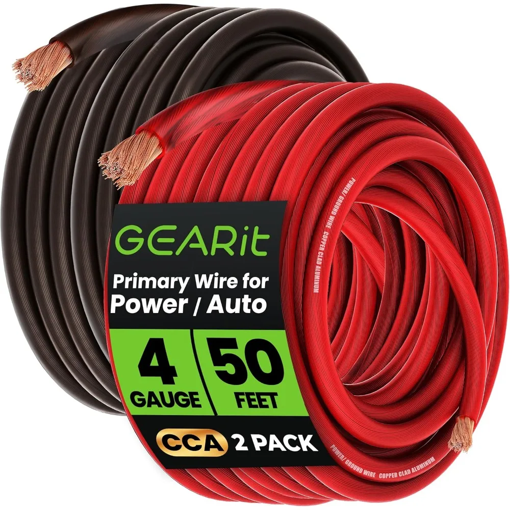 

4 калибра AWG 50 футов, черный, красный, основной автомобильный провод, медный алюминиевый кабель для заземления аккумулятора, автомобильный аудиодинамик, автофургон