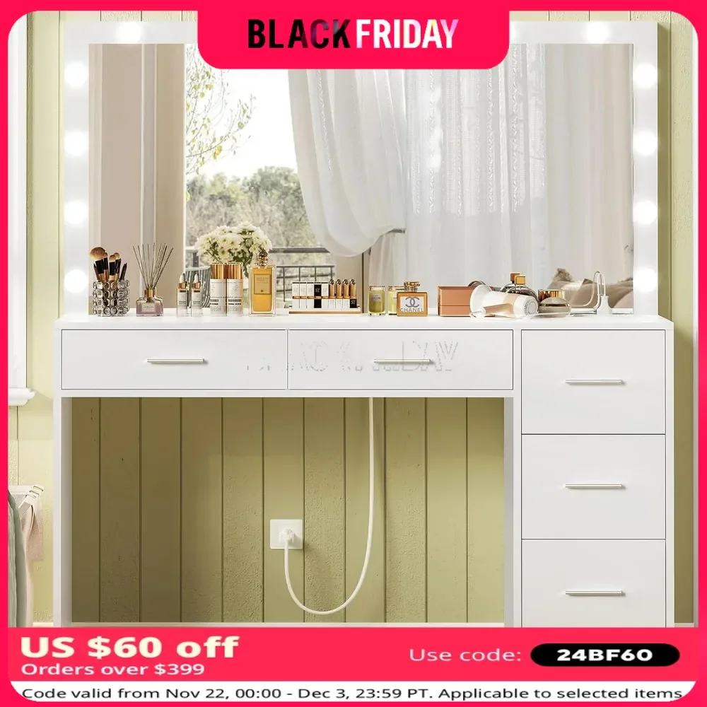 

47.2" Large Vanity Desk with Lighted Mirror, 14 Lights, 5 Large Drawers & Charging Station, Vanity Table Set for Bedroom