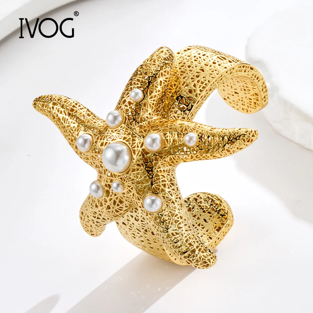 IVOG Women Hollow Starfish Cuff Bangle Brass Imitation Pearl Open Bracelet Daily Party Wear Jewelry Gift
