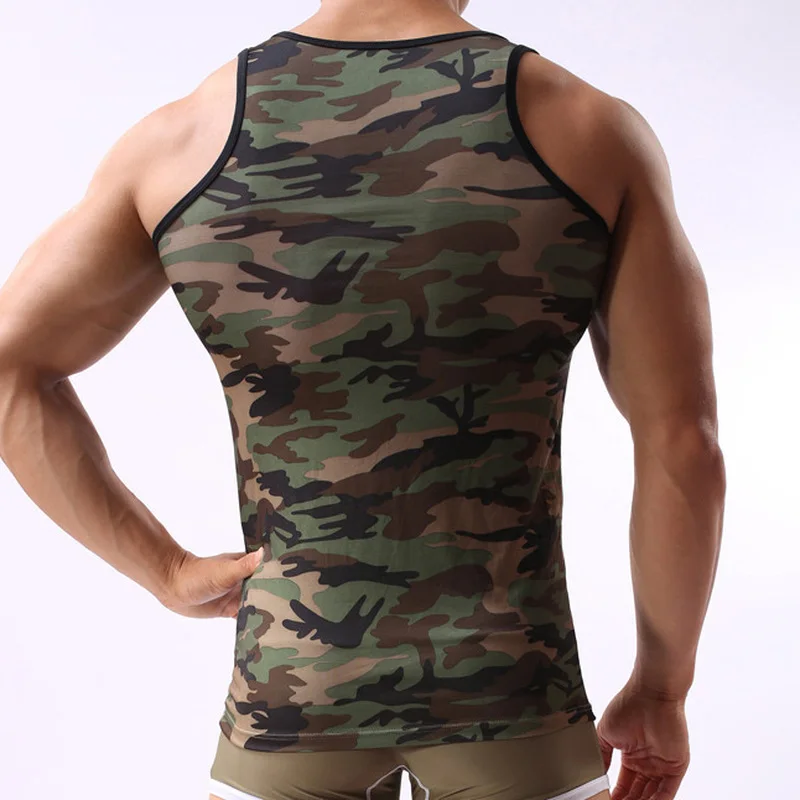 Men Undershirts Camouflage Printed Sexy Ultra-thin Sheer Sleeveless Shirts Quick Drying Fitness Camiseta Tank Tops Underwear 3XL