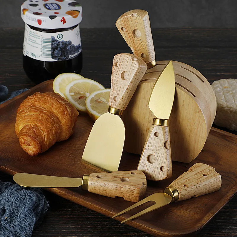 Jaswehome 6pcs wooden Cheese Knife holder Set Stainless Steel Butter Knives Cheese fork Cheese scraper Jam spreader Baking Tools