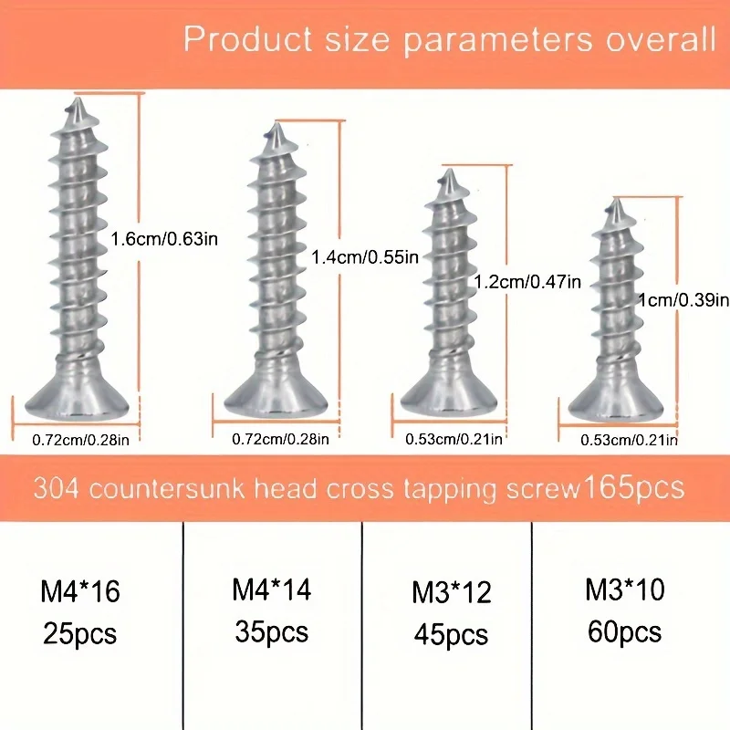 165Pcs 304 Stainless Steel Flat Head Self-Tapping Screws – M3/M4 Wood Screws for Furniture Repair & Fastening