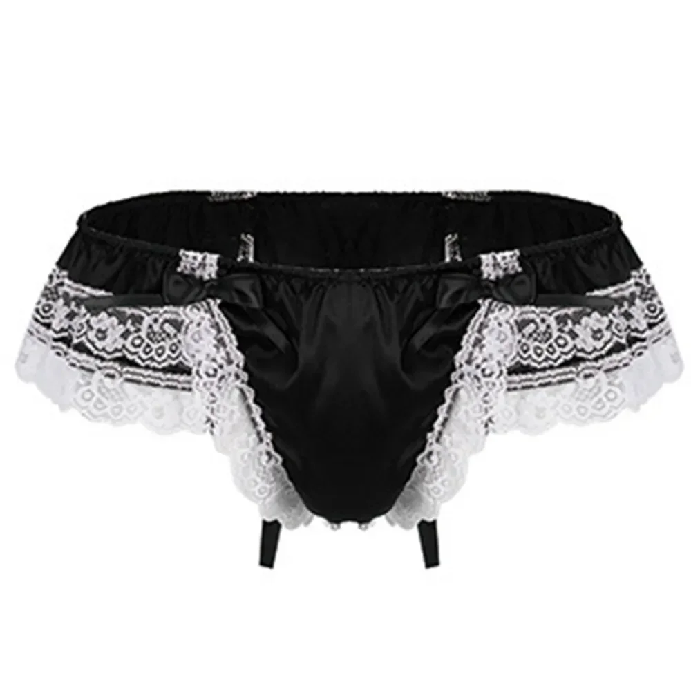 Men Lace See-Through Sissy Panties Sexy Satin G-String Thong U Convex For Man Briefs Breathable Gay Bikini Underwear