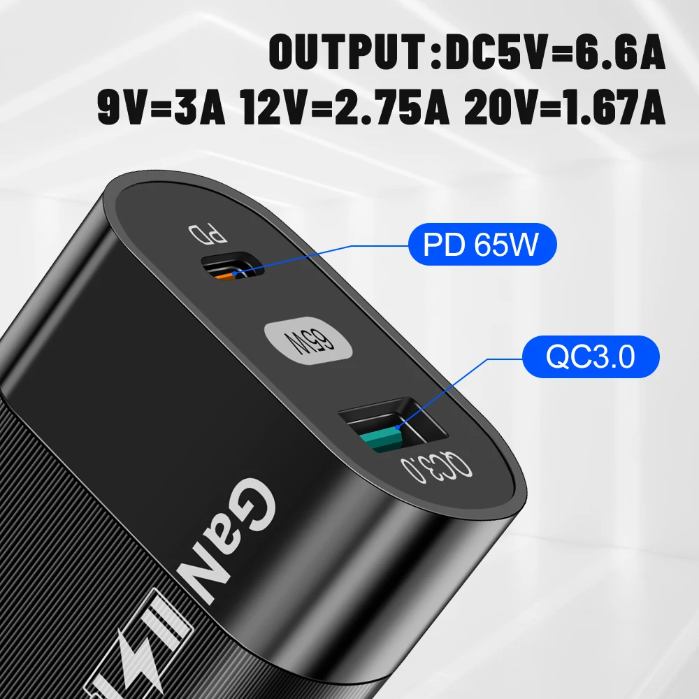 65W GaN USB Charger Fast Charging Charger QC3.0 For iPhone 14 13 12 Oneplus Xiaomi Samsung PD Type C Mobile Phone Quick Charger