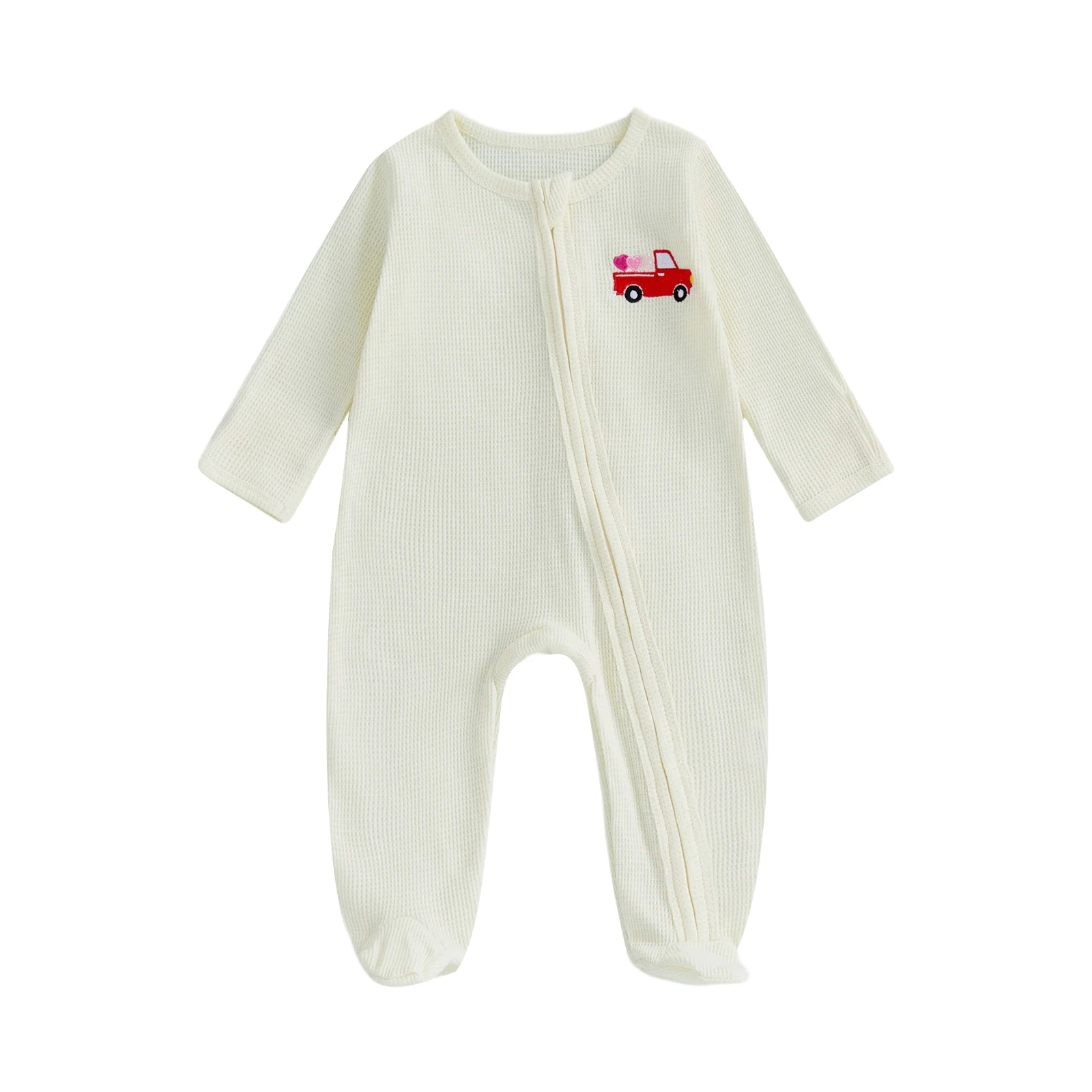 Valentine's Day Baby Boy Romper Fashionable Truck Embroidery Long Sleeve Round Neck Zip Up Full Length Footed Jumpsuit