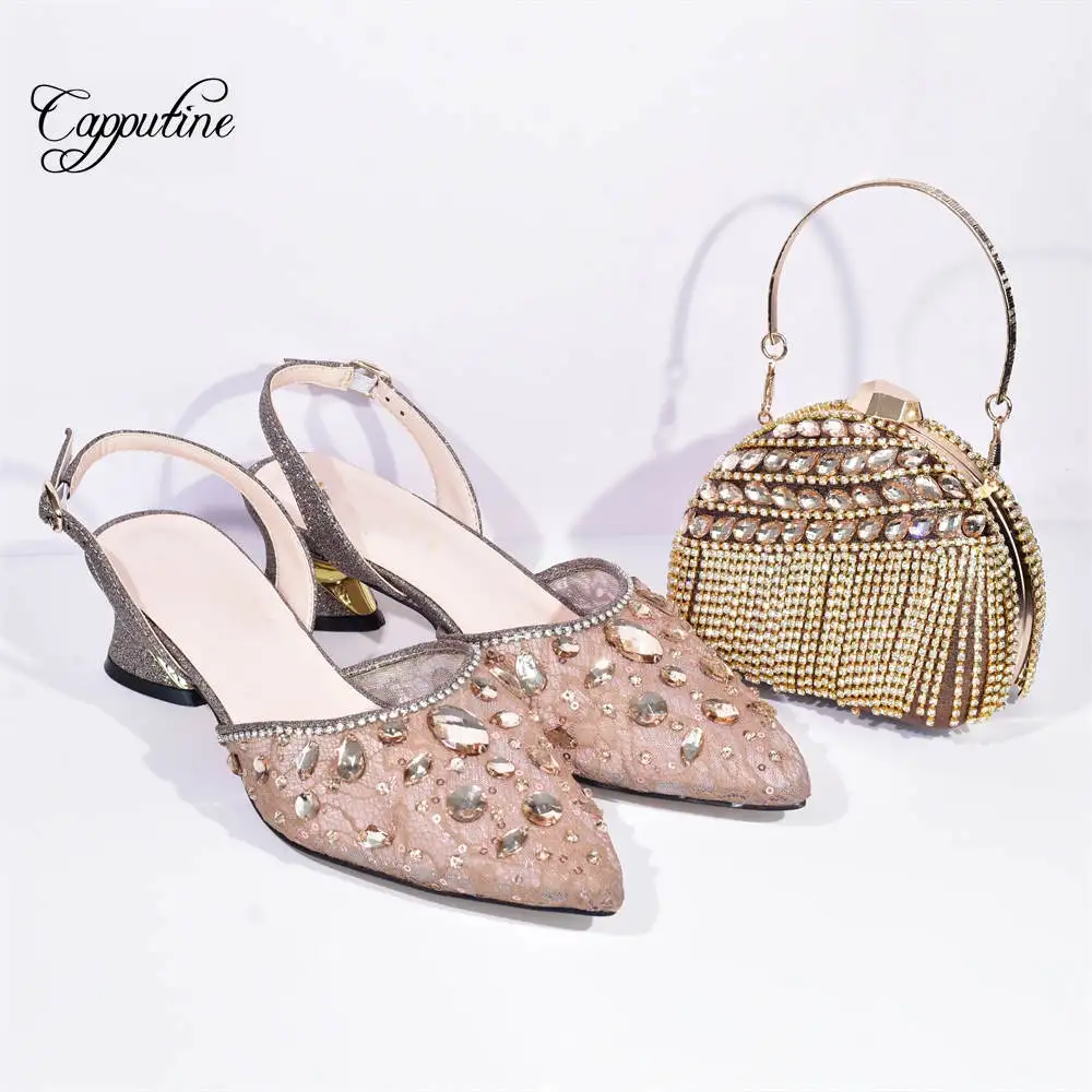 Gold Women Shoes Match With Bag Set Luxury African Ladies Stones Pumps And Purse Handbag High Heels Sandals Clutch A108-5