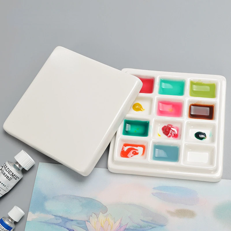 

12-grid Square Ceramic Palette Student Art Painting Pigment Multi-functional Coloring Tool Watercolor Paint Box