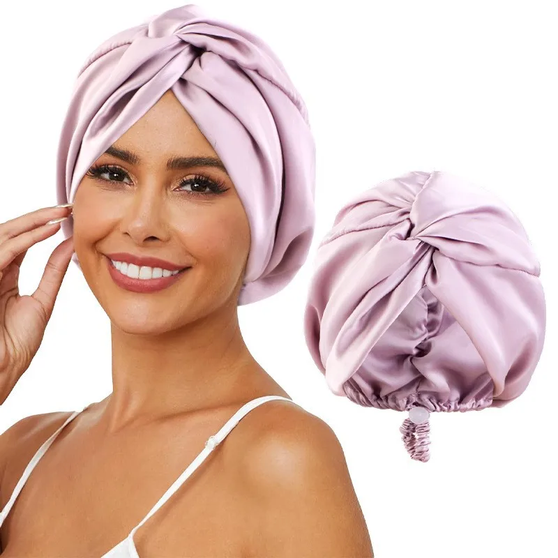 

Double Layer Satin Sleep Cap for Women - Adjustable Silk Hair Bonnet for Curly Hair, Waterproof Shower & Night Protection