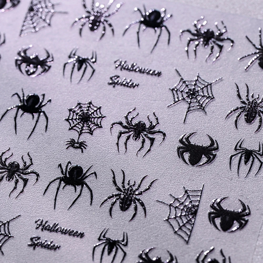 1Sheet 5D Black Halloween Nail Sticker Dark Spider/Bat/Pumpkin/Skull Nail Art Decals 10X8cm Halloween Festival Manicure Sliders