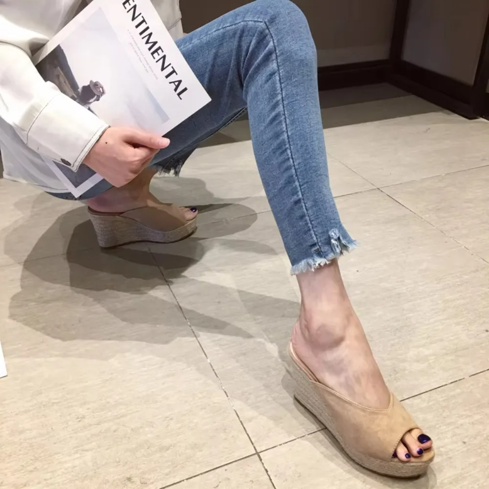 

Suede Women Wedge Slipper Rope Outsole Espadrilles Sandals Peep Toe Ankle Strap Platform Casual Slip on Mule Shoes