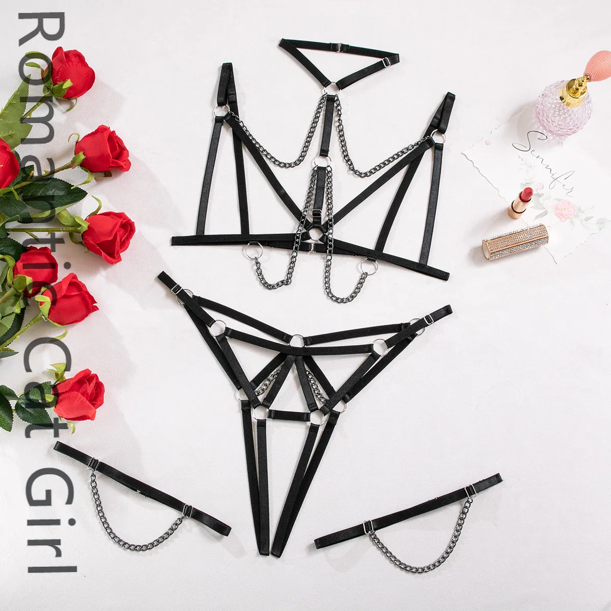 

2025 new product sexy open chest erotic underwear heavy industry splicing metal chain neck three-piece set