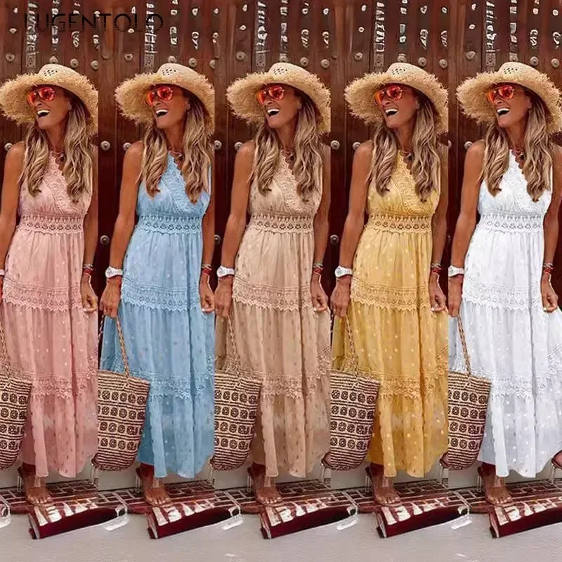 Frauen sexy Chiffon Kleid tiefe V-Ausschnitt Spitze Sommer lose lässig Punkt weibliche neue Straße ärmellose süße Pullover lange Stoff