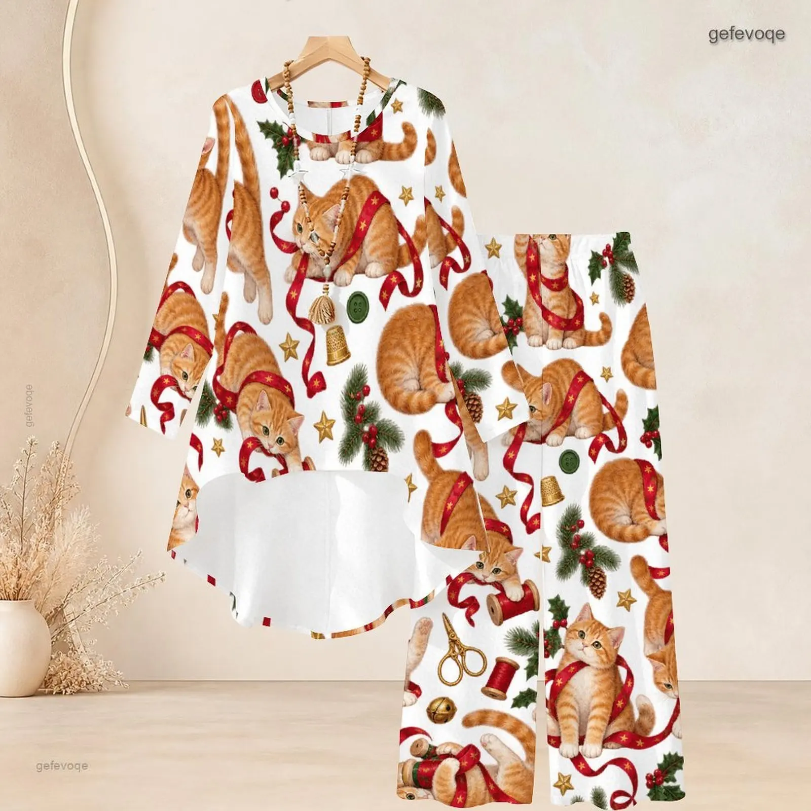 Women Printed Winter Bird Pinecone Holly Berry Vintage Stamp Round Neck Long Sleeve Wide Leg Pants Two Piece Set