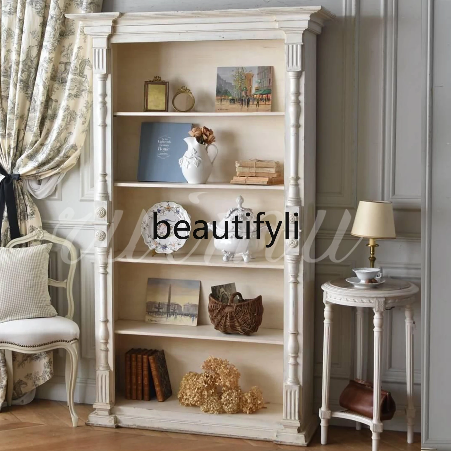 

French solid wood bookcase villa carved display cabinet American white old color household storage bookshelf